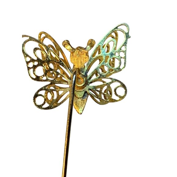 Gold Tone Butterfly Stick Pin With Double Layered Wings & Secure Clutch (1090) - Picture 4 of 6